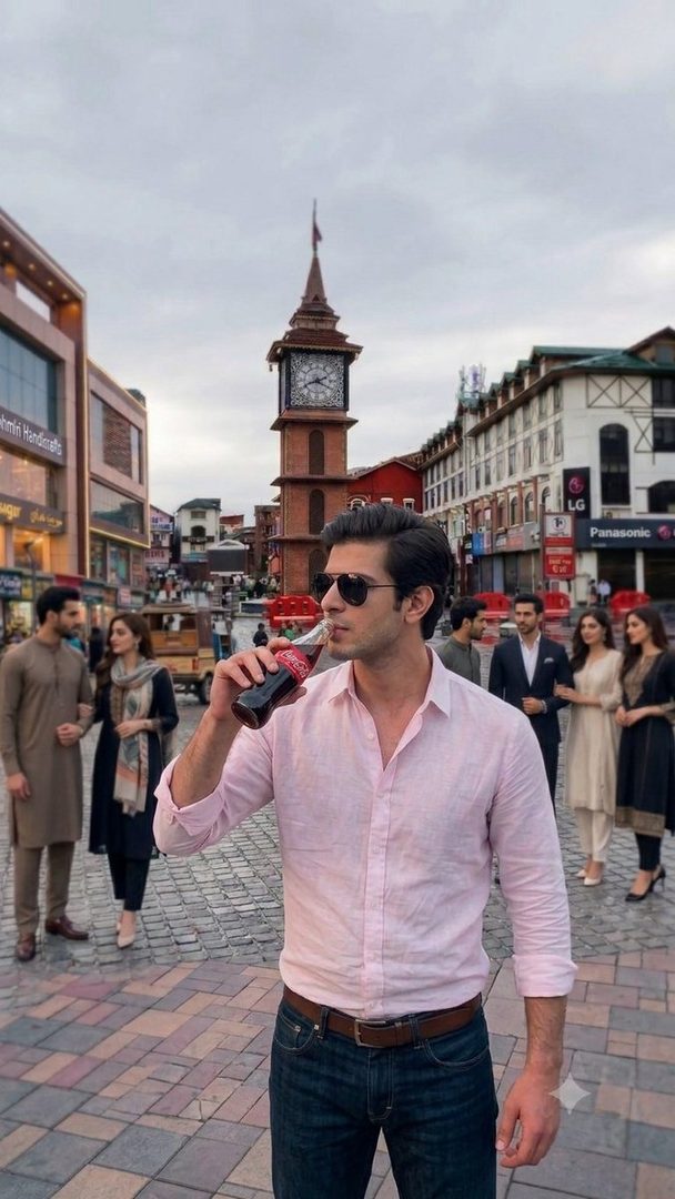 A man in a pink shirt and jeans drinks Coca-Cola in a city square with a clock tower.