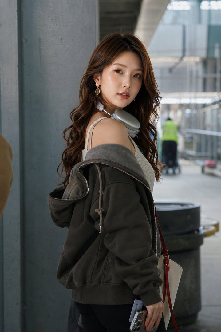 A beautiful young East Asian woman with long wavy brown hair, wearing a grey hoodie over a white tank top and silver headphones around her neck, poses confidently indoors.