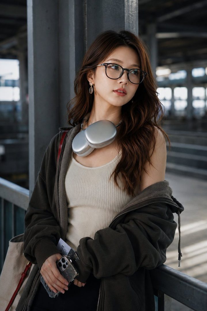 A young East Asian woman with long wavy brown hair and glasses, wearing a hoodie and tank top, with headphones around her neck, stands indoors.