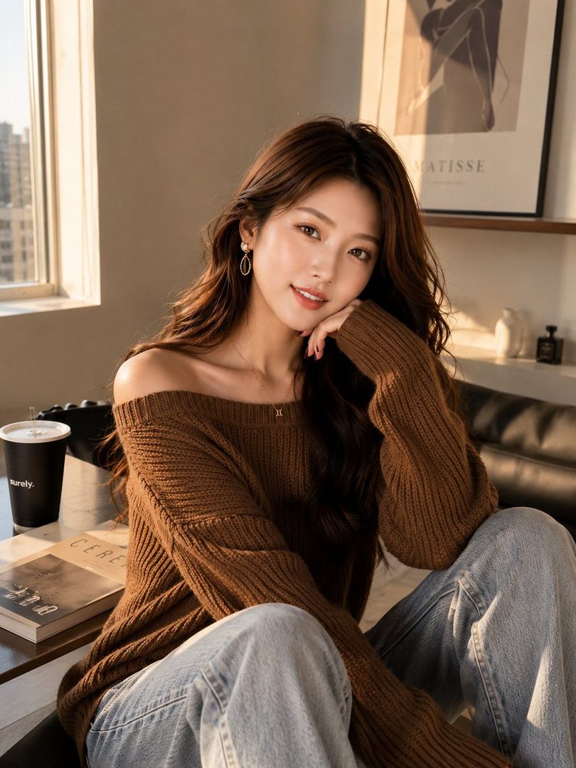 A beautiful young East Asian woman with long, wavy brown hair, wearing an off-shoulder brown knit sweater and jeans, poses indoors during golden hour.