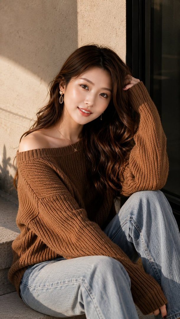 A beautiful young East Asian woman with long, wavy brown hair, wearing an off-shoulder brown knit sweater and jeans, poses outdoors during golden hour.