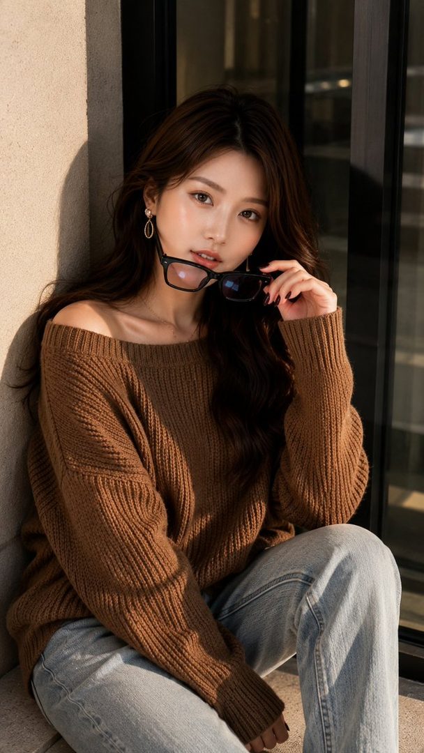 A young East Asian woman with long, wavy brown hair, wearing an off-shoulder brown knit sweater and jeans, holds black glasses near her lips while looking at the camera.