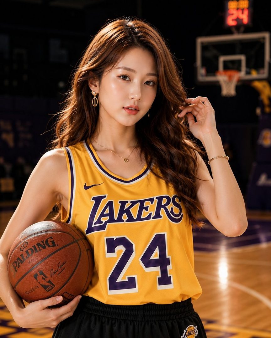 A beautiful East Asian woman with long, wavy brown hair, wearing a Los Angeles Lakers jersey and holding a basketball, poses confidently in an indoor basketball court.