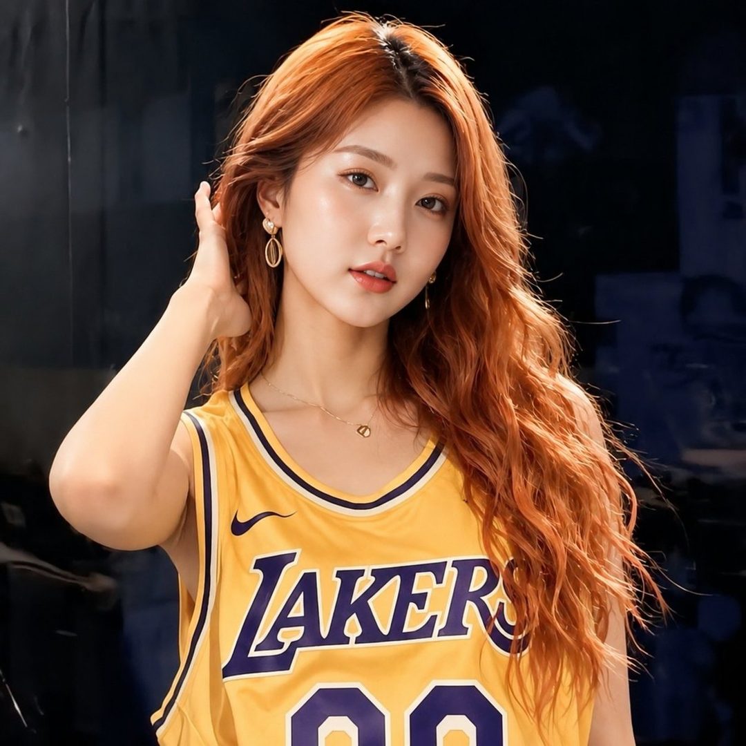 A young East Asian woman with long, wavy copper-red hair, wearing a yellow Los Angeles Lakers jersey, poses indoors with her hand behind her head.