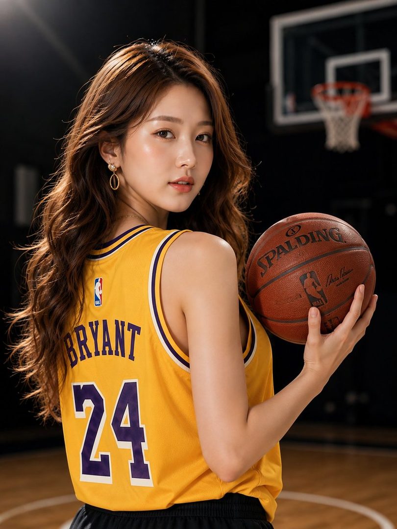 A young East Asian woman with long, wavy brown hair, wearing a yellow Los Angeles Lakers basketball jersey with the number 24, holds a basketball in an indoor basketball court setting.