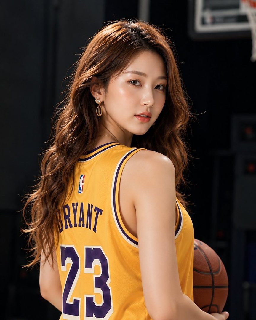 A beautiful young woman with long wavy brown hair, wearing a yellow Los Angeles Lakers jersey with the name Bryant and number 23, holds a basketball and looks over her shoulder at the camera.