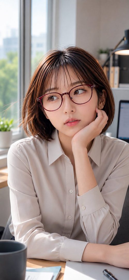A young East Asian woman with short brown hair and glasses, wearing a light-colored blouse, sits at a desk by a window, looking thoughtfully to the side.