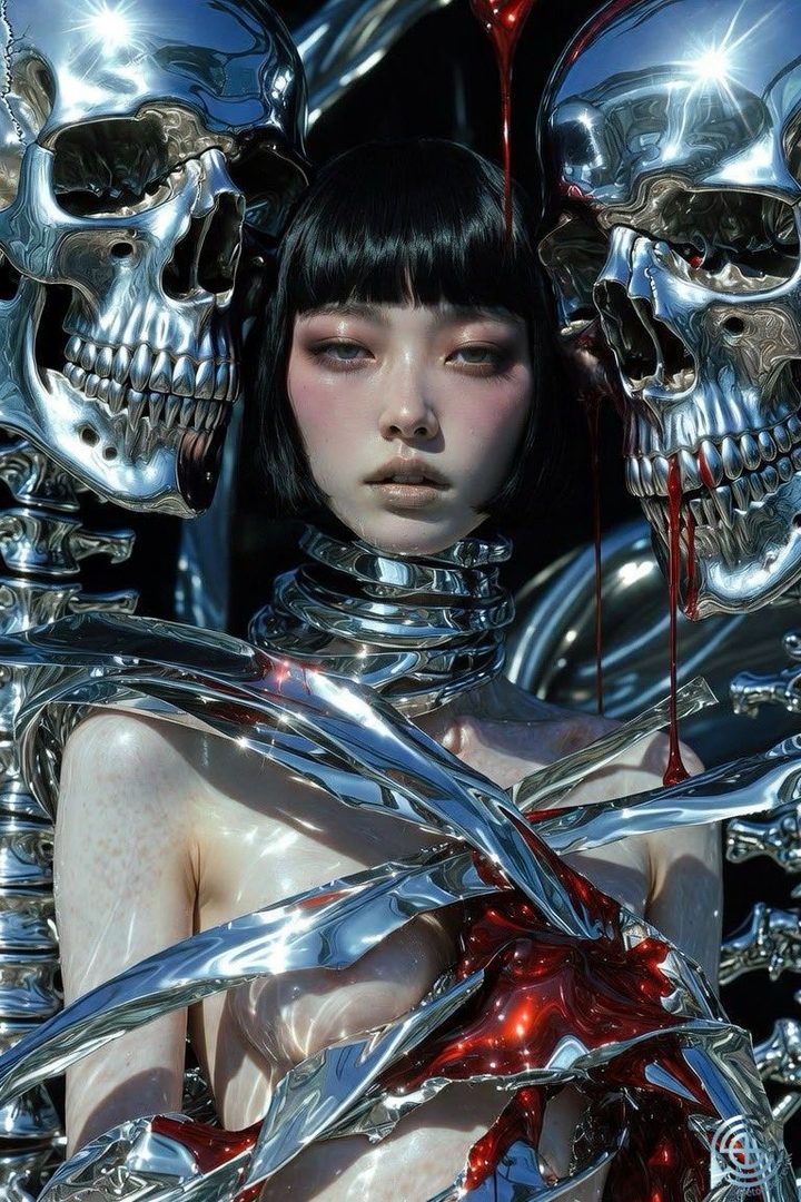 A striking portrait of an East Asian woman with short black hair and dramatic makeup, adorned with metallic, skull-like accessories and dripping red liquid.