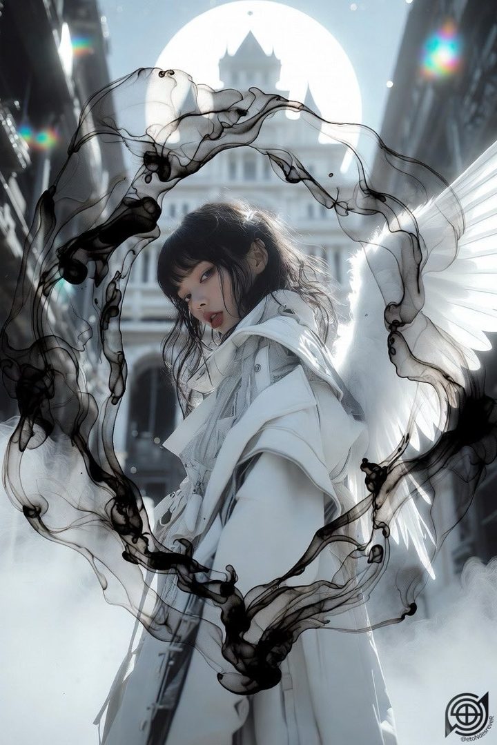 A young woman with black hair and bangs, wearing a white outfit and angel wings, poses in a city setting with black smoke effects.