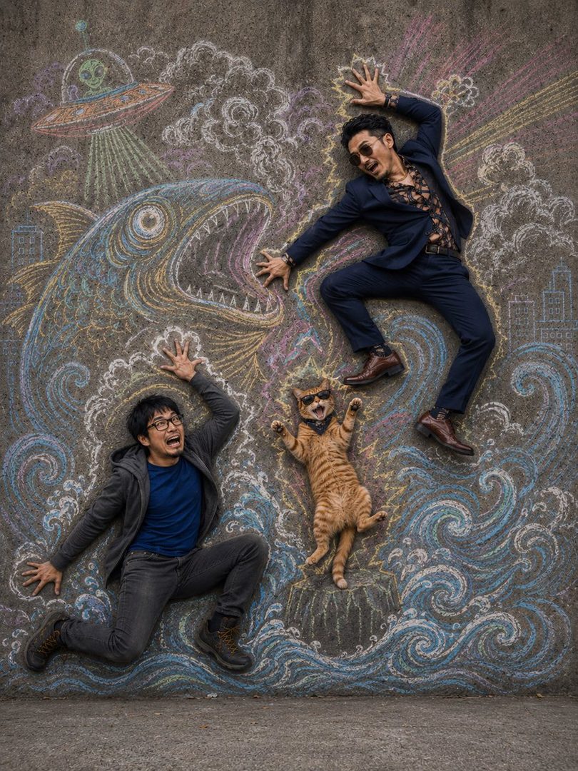 Two men and a cat are playfully posing against a chalk art mural depicting a giant fish, a UFO, and waves.