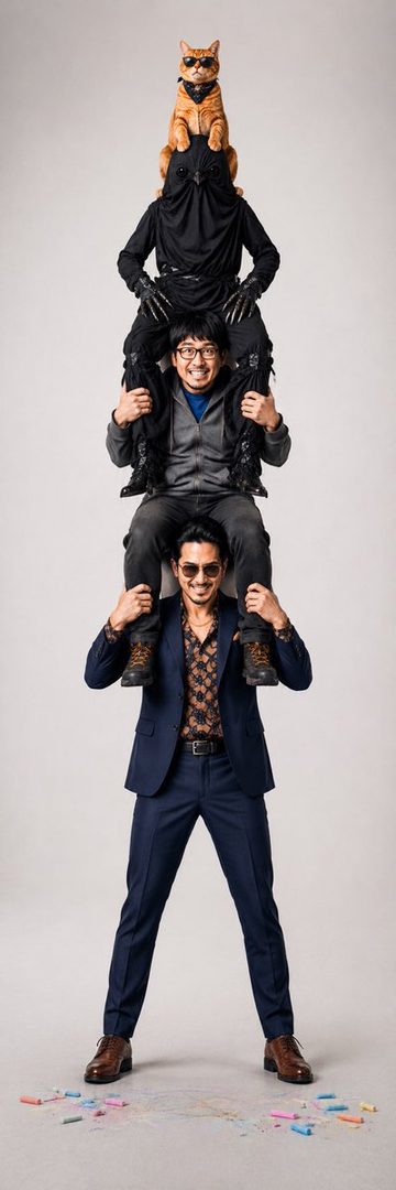 Three men are stacked on top of each other in a studio, with the bottom man wearing a suit, the middle man wearing a jacket and glasses, and the top man wearing a black outfit with a cat on his head.