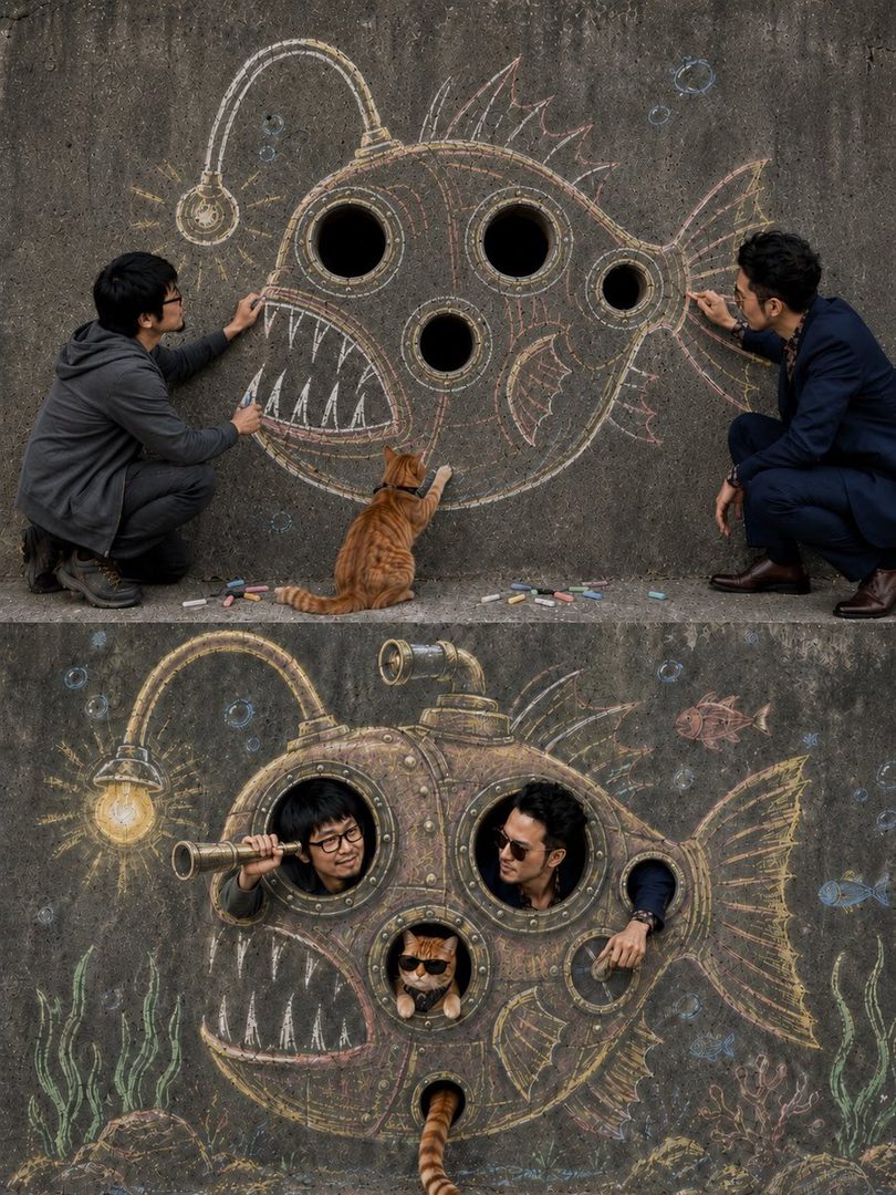 Two men and a cat interact with a chalk drawing of a deep-sea fish submarine on a concrete wall, with one man looking through a telescope and the cat wearing sunglasses.