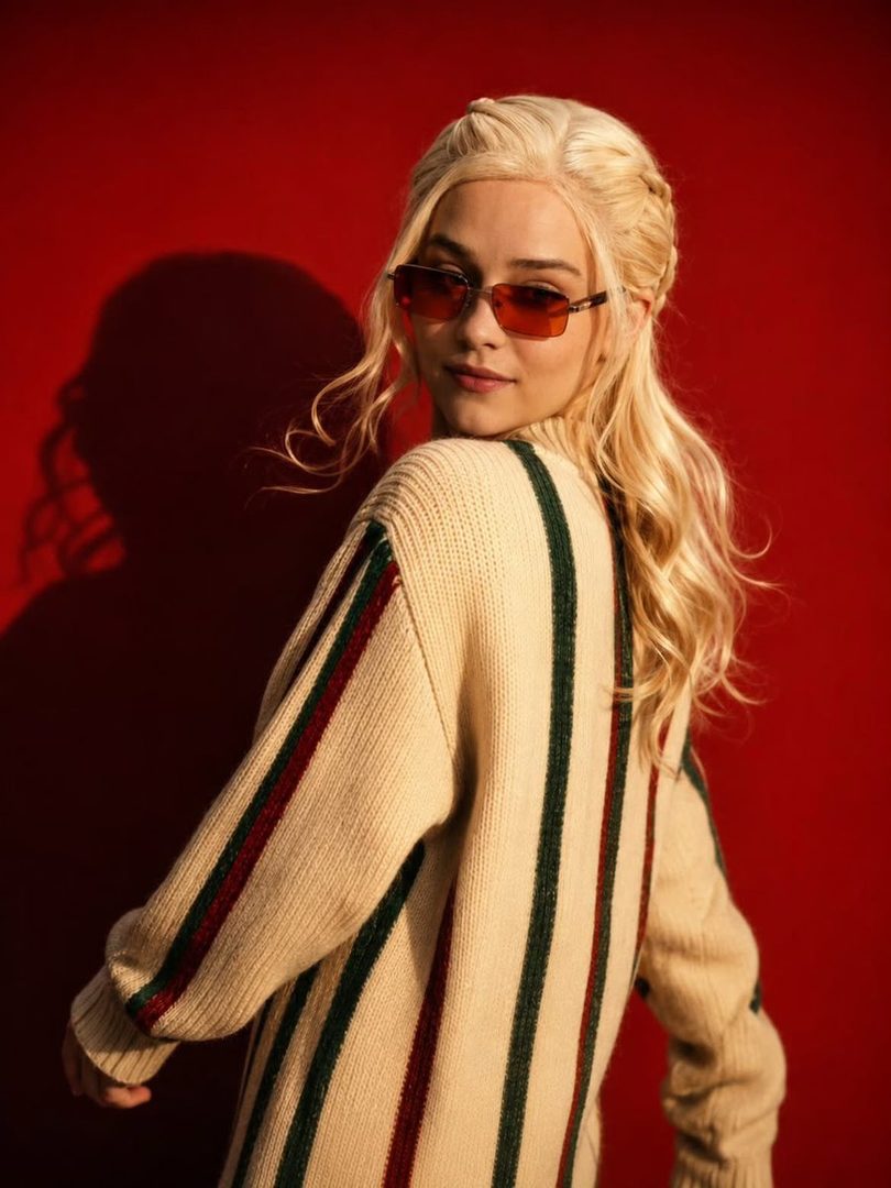 A blonde woman wearing a striped sweater and sunglasses poses in a studio against a red background.