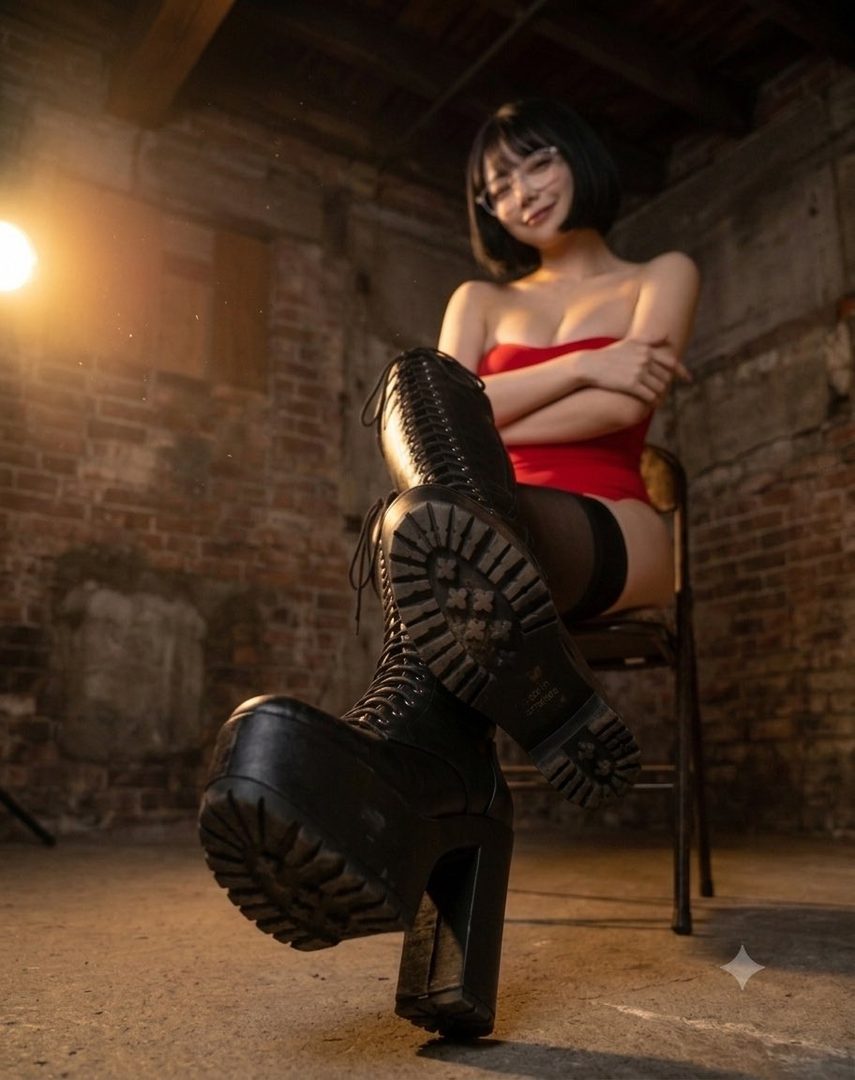 A woman with short black hair and glasses, wearing a red strapless top and black thigh-high stockings, poses in a dimly lit room with brick walls, wearing large platform boots.