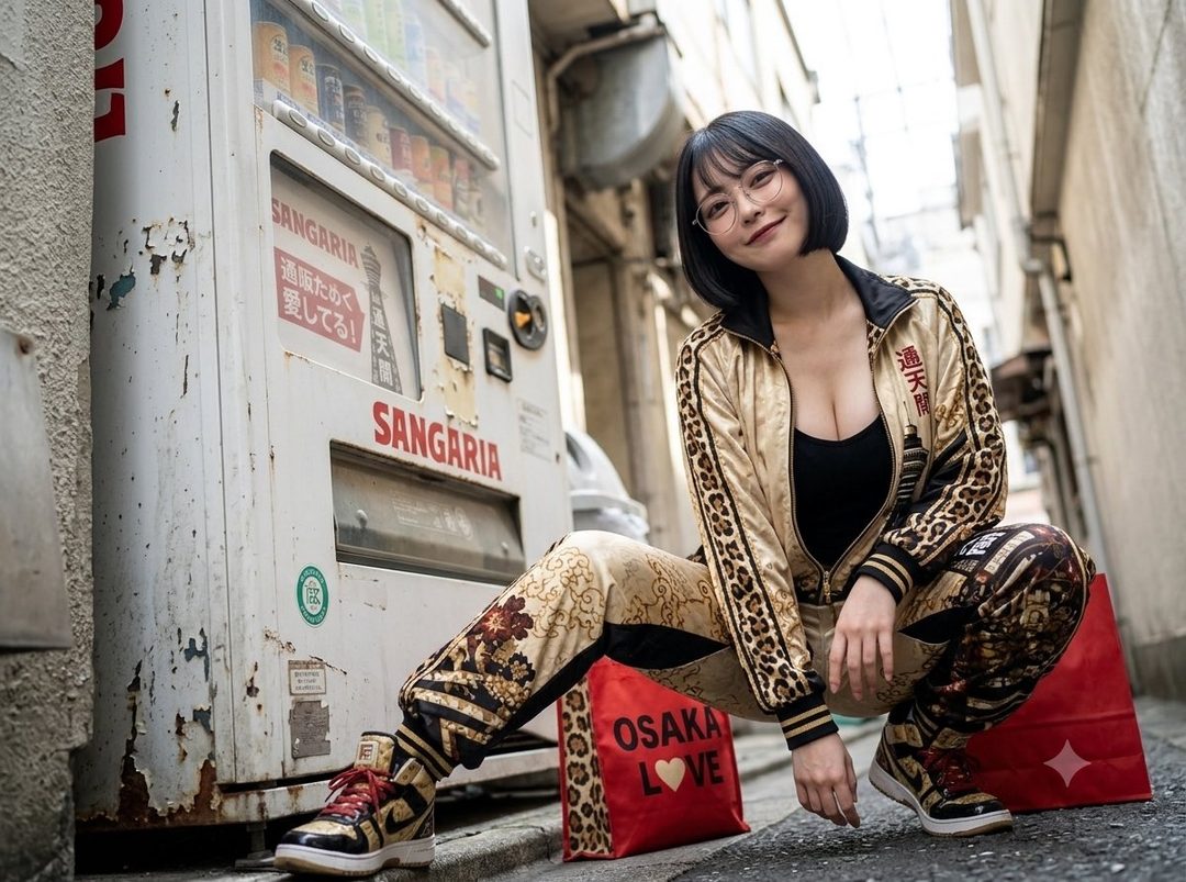 A woman in a stylish tracksuit poses in front of a vintage vending machine on a city street.
