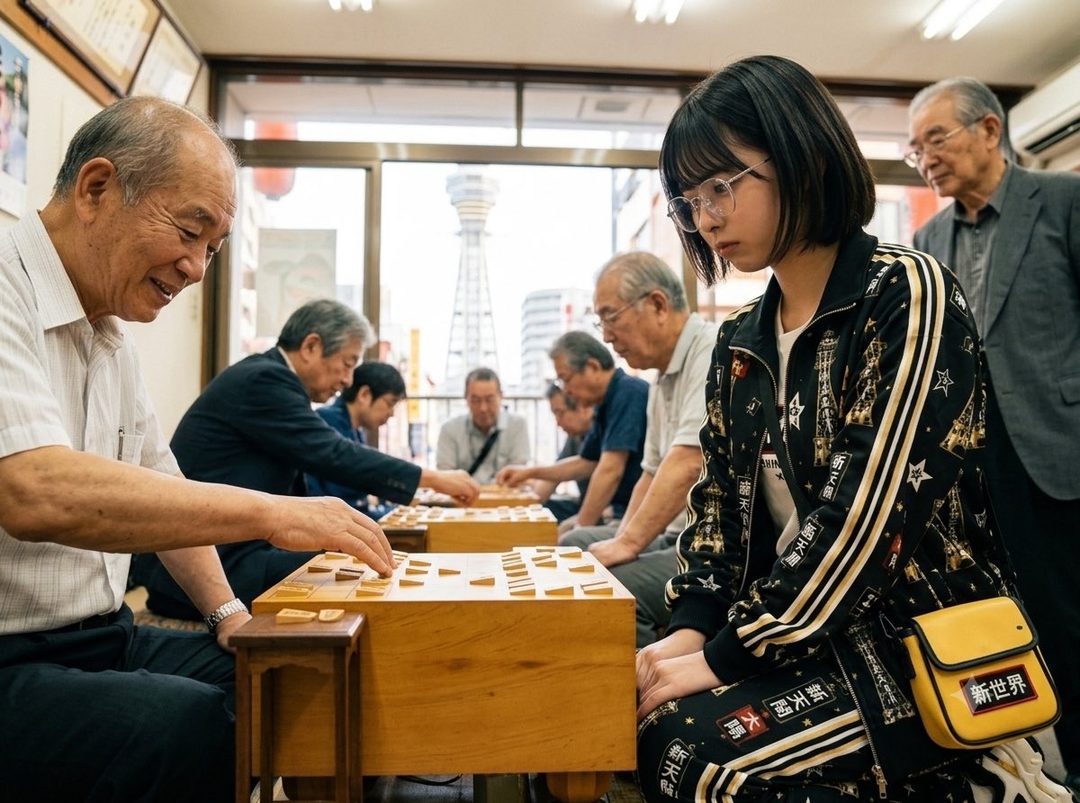 A young woman with short black hair and glasses sits at a table playing shogi with several elderly men in a Japanese game club.