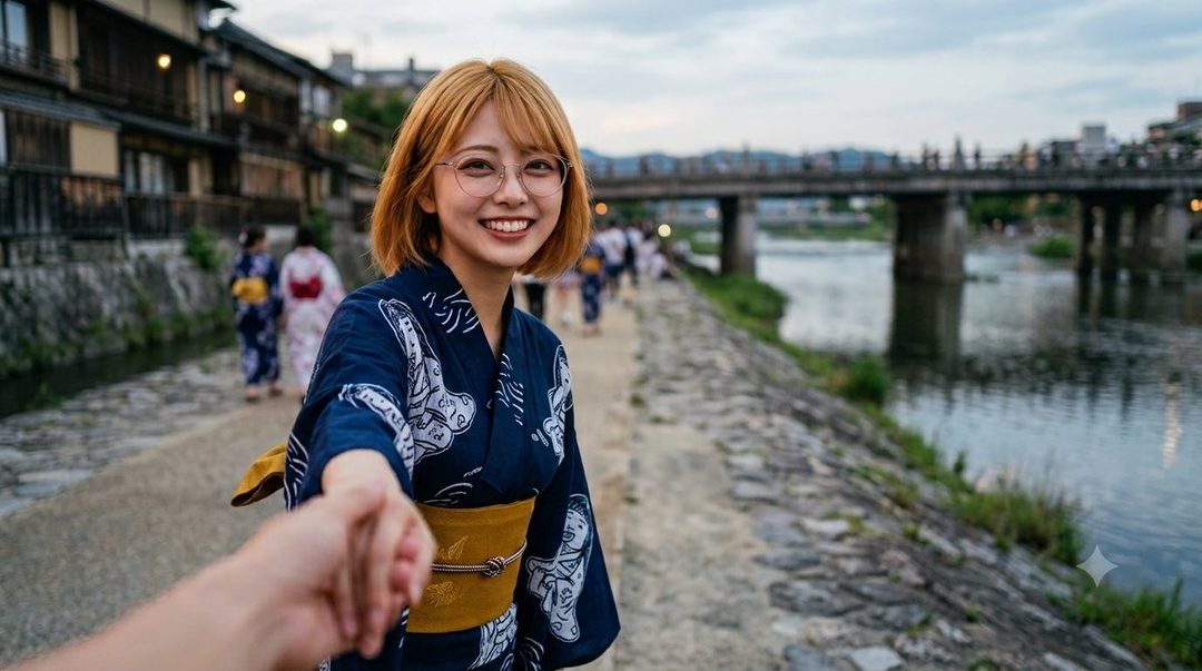 A young Japanese woman with blonde hair and glasses, wearing a blue yukata, smiles as she holds someone's hand while walking along a river path in a traditional Japanese town.