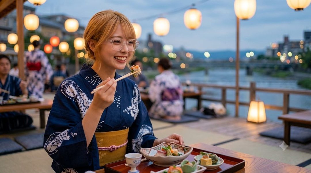 A young Japanese woman with blonde hair and glasses, wearing a blue yukata, smiles while eating sushi at an outdoor restaurant with lanterns.