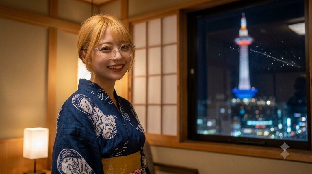 A young woman with blonde hair and glasses, wearing a blue yukata, smiles at the camera indoors with a city view at night through the window.