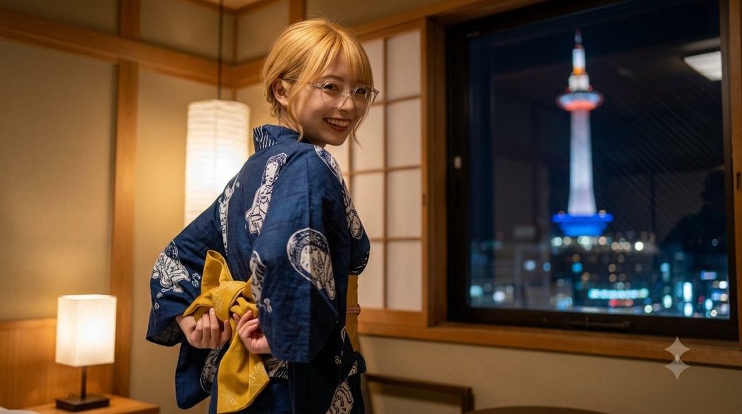 A young woman with blonde hair wearing a blue yukata with a yellow obi, smiling over her shoulder in a room with a view of a city tower at night.