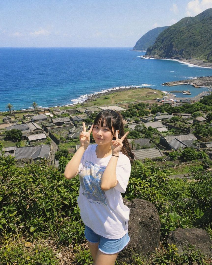 A young woman with long dark hair, wearing a white t-shirt and denim shorts, poses for a photo with a peace sign in front of a scenic coastal village and ocean view.