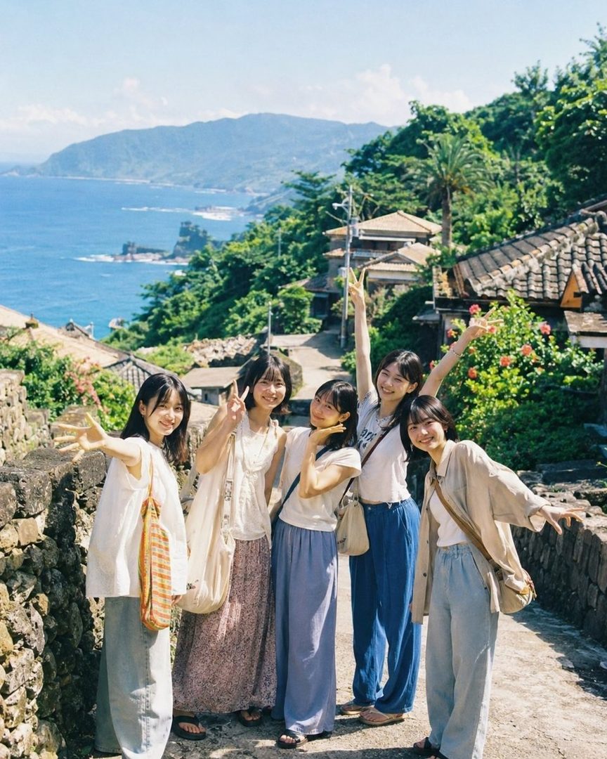 Five young East Asian women posing for a photo on a sunny day in a coastal village with traditional houses and lush greenery.