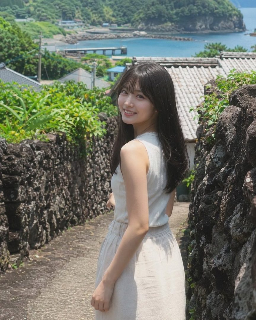 A young woman with long black hair smiles over her shoulder while walking down a stone path in a coastal village.