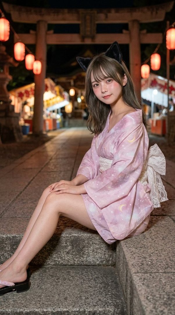 A young woman with cat ears and a pink yukata sits on stone steps at night, with traditional Japanese lanterns and stalls in the background.