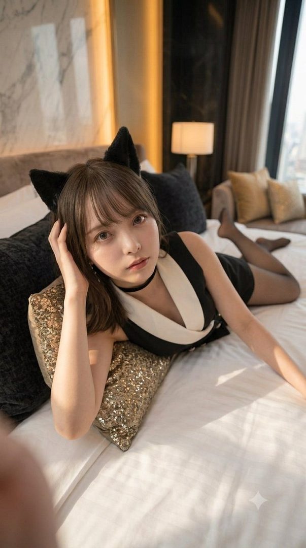 A young woman with cat ears lies on a bed, wearing a black and white dress and stockings, posing playfully.