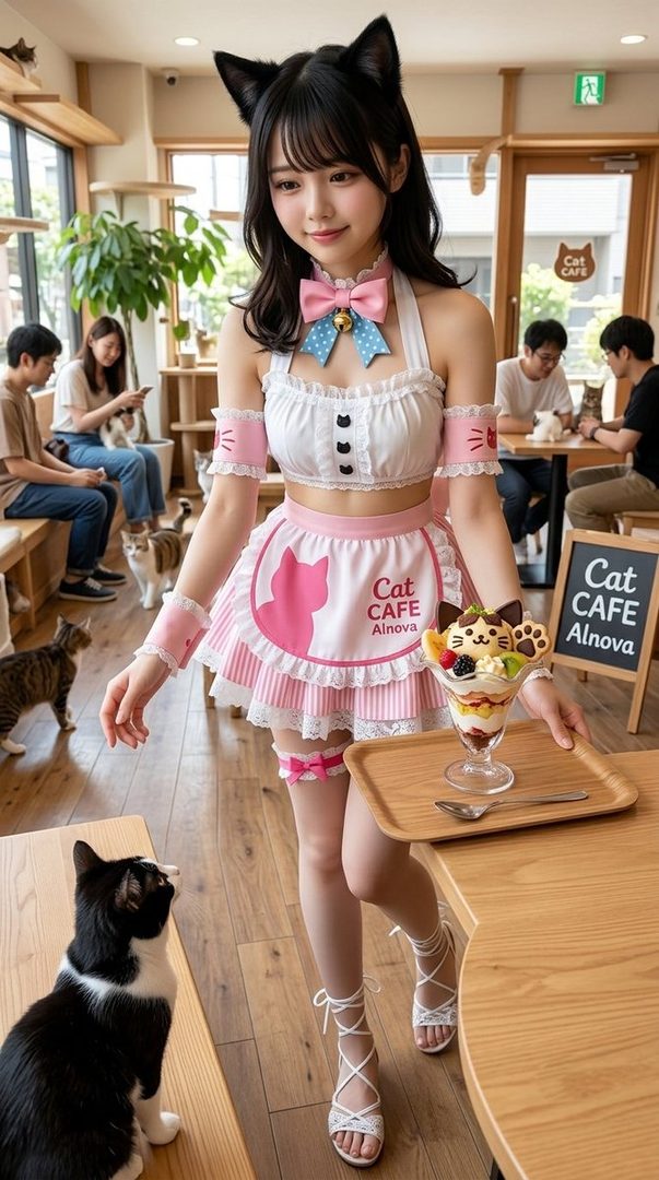 A young woman in a cat-themed maid outfit serves a parfait in a cat cafe.