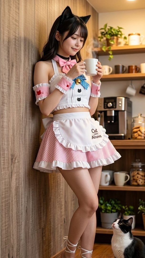 A young woman in a cat-themed maid outfit, holding a mug of coffee, poses indoors.