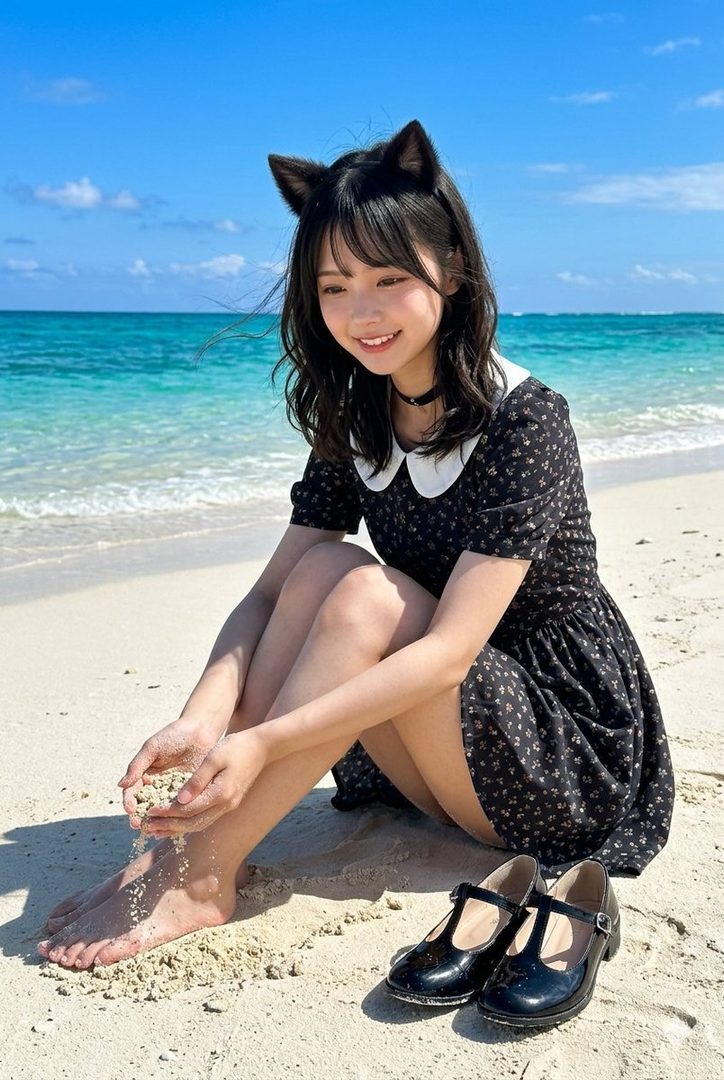 A young woman with black hair and cat ears sits on a sandy beach, wearing a floral dress and black shoes, with the ocean in the background.