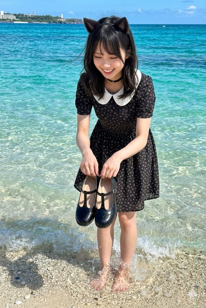 A young woman with black hair and cat ears smiles while holding black shoes on a beach with clear blue water.