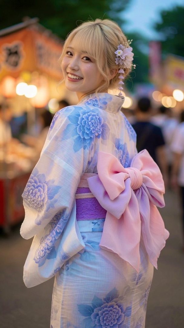 A young Japanese woman with blonde hair smiles over her shoulder, wearing a traditional yukata with a large pink obi, at a summer festival.
