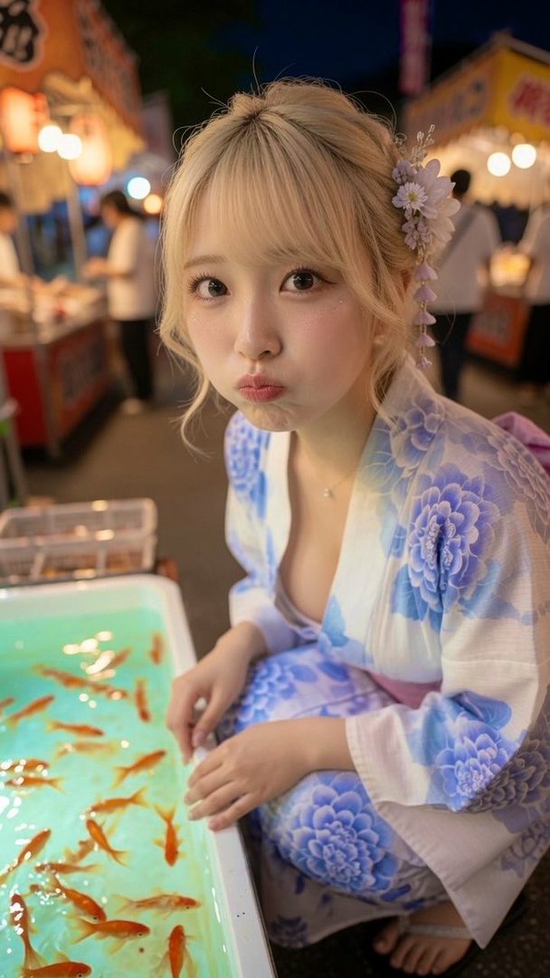 A young Japanese woman with blonde hair and bangs, wearing a blue and white floral yukata, makes a pouty face while looking at the camera. She is at a festival at night, with stalls and goldfish scooping in the background.