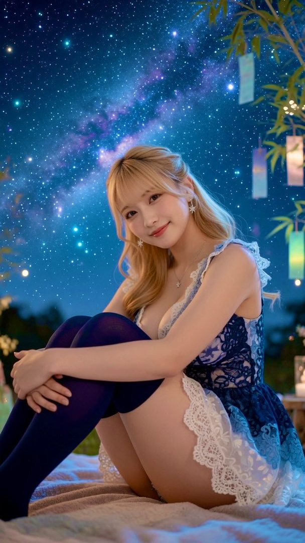 A beautiful young woman with blonde hair sits outdoors at night under a starry sky, wearing a blue and white lace dress and dark stockings.