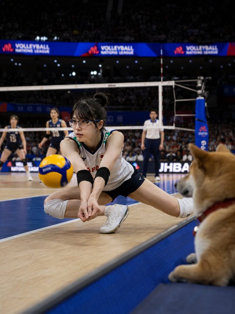 A young woman in sportswear and glasses is playing volleyball on an indoor court, with a Shiba Inu dog in the foreground.