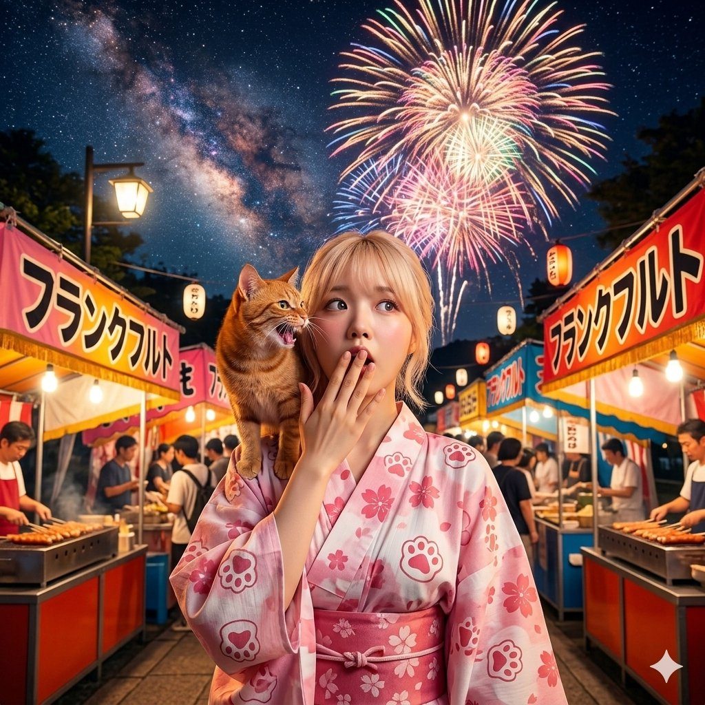 A young woman with blonde hair wearing a pink yukata with paw prints and cherry blossoms, holding a ginger cat on her shoulder, stands in a bustling night market with fireworks in the sky.