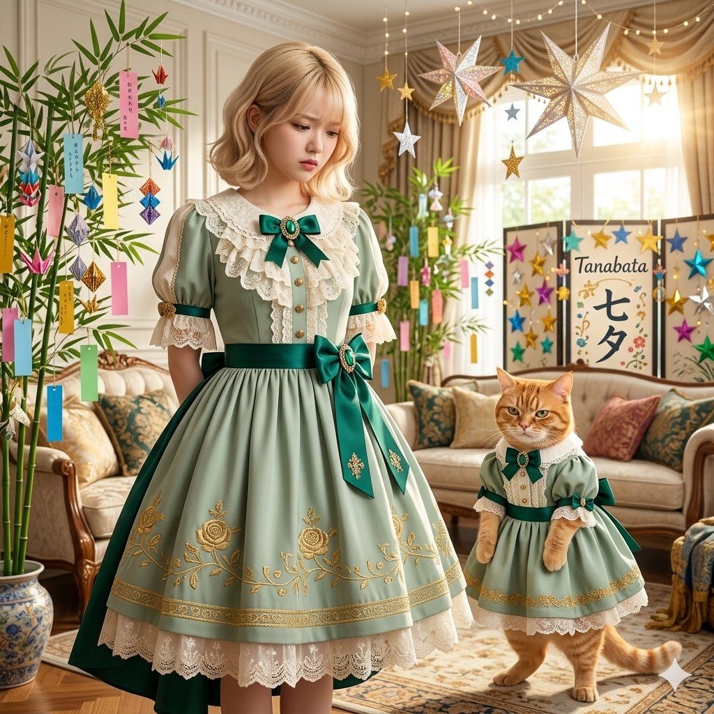 A young woman and a cat dressed in matching Lolita-style dresses, celebrating Tanabata indoors.
