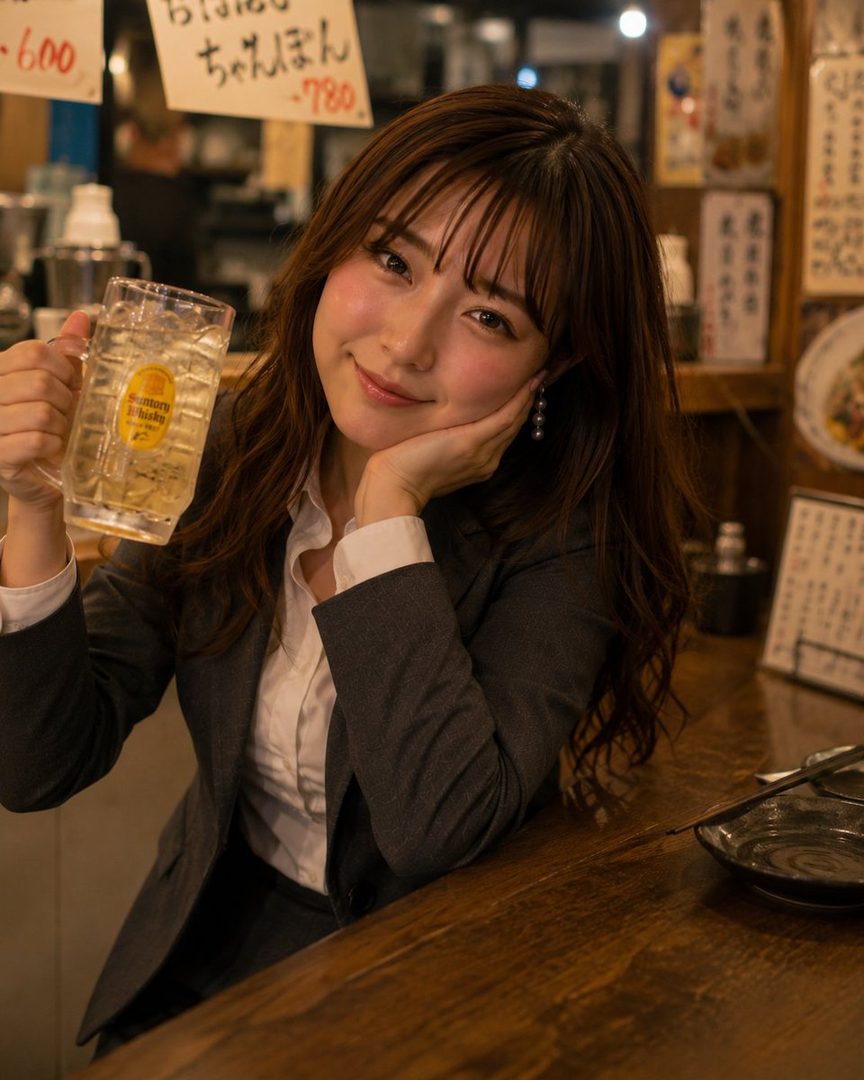 A young Japanese woman in a suit and white blouse holds a glass of whiskey, resting her chin on her hand, smiling at the camera in a bar.
