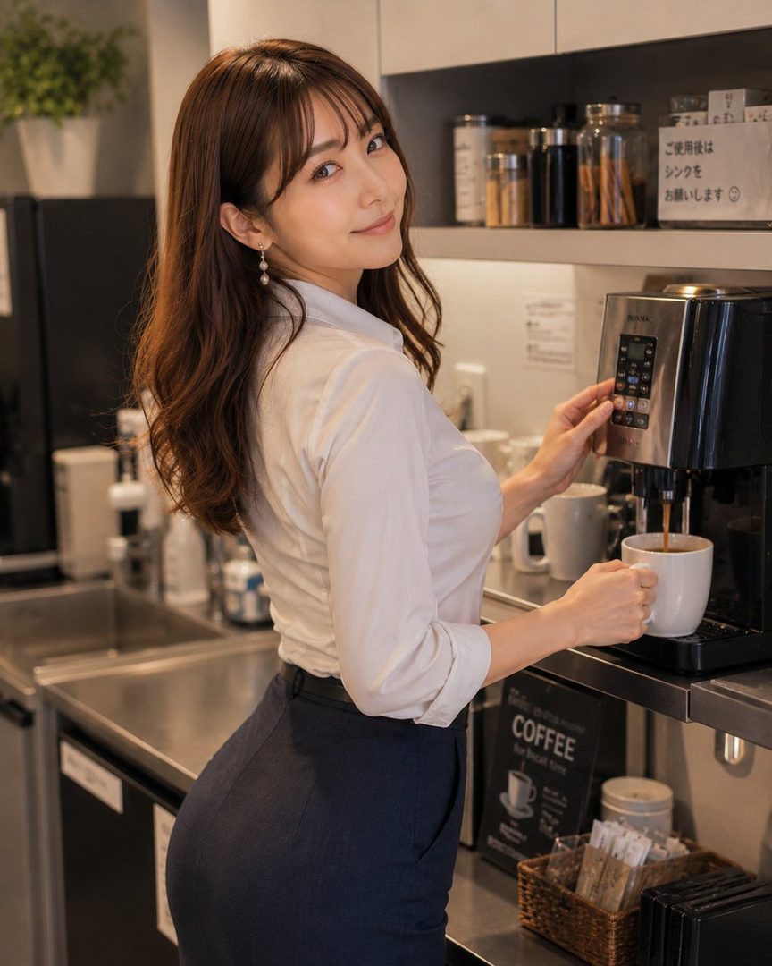 A young East Asian woman with long brown hair, wearing a white blouse and dark skirt, smiles as she makes coffee in an office kitchen.