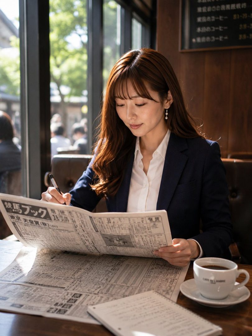 A woman in a suit reads a newspaper at a cafe with a cup of coffee.