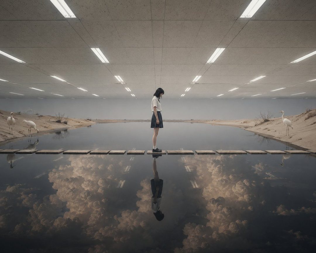 A young woman in a school uniform stands on stepping stones in a surreal, liminal space with a reflective pool and cranes.