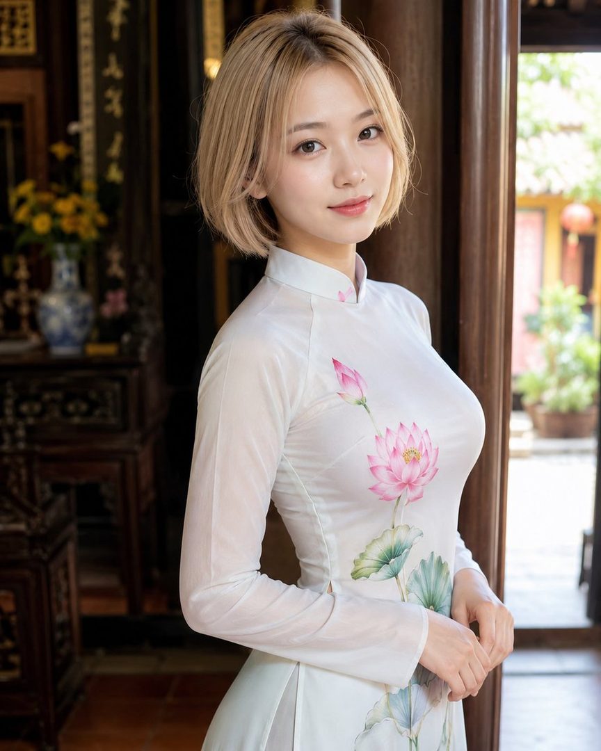 A young East Asian woman with short blonde hair, wearing a traditional white dress with a lotus flower print, posing indoors.