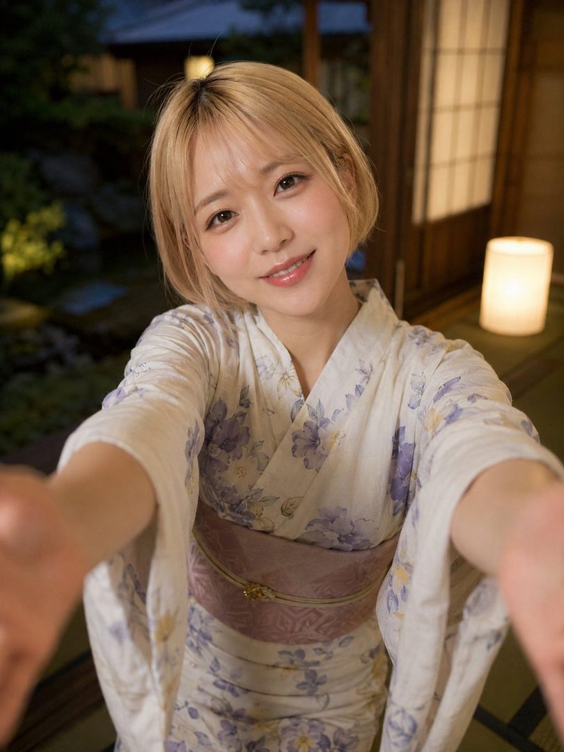 A young woman with short blonde hair smiles at the camera, wearing a floral kimono.