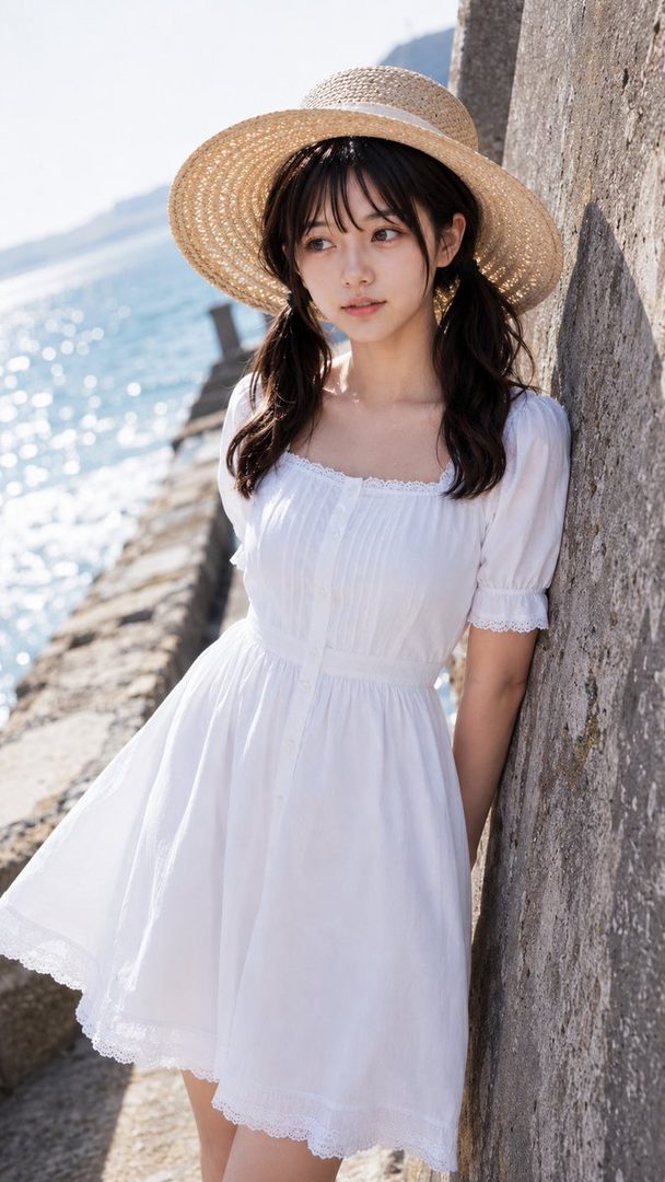 A young woman with dark hair in pigtails, wearing a white dress and a straw hat, leans against a stone wall by the sea.