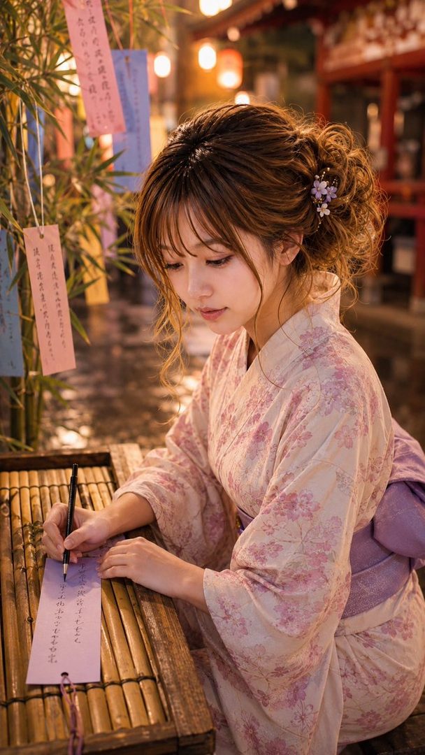 A young Japanese woman in a floral kimono writes on a purple tanzaku paper under the soft glow of lanterns.