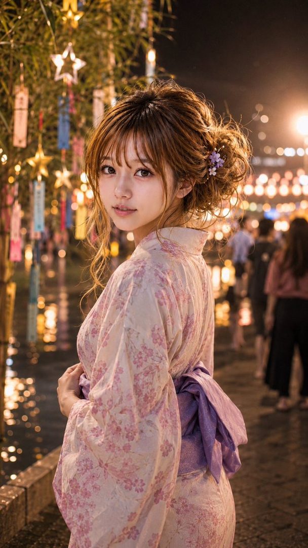 A young woman with brown hair styled up, wearing a pink floral yukata and a purple obi, poses outdoors at night with bokeh lights in the background.