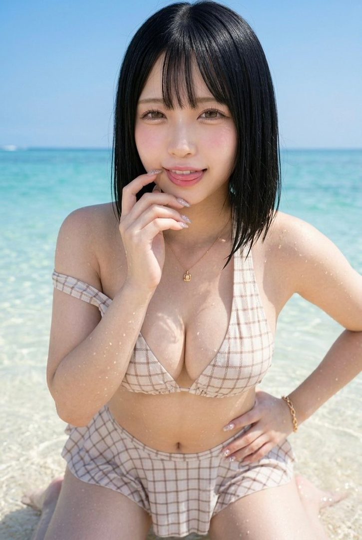 A young woman with short black hair and bangs, wearing a plaid bikini, poses playfully on a sunny beach with clear blue water.