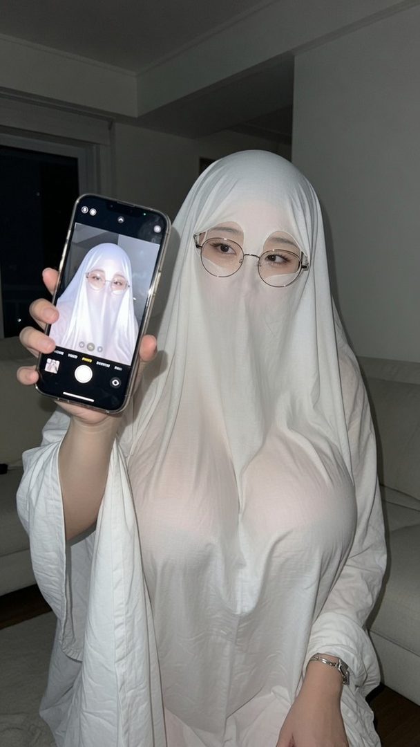 A person dressed as a ghost, holding up a phone showing their own reflection, wearing glasses.